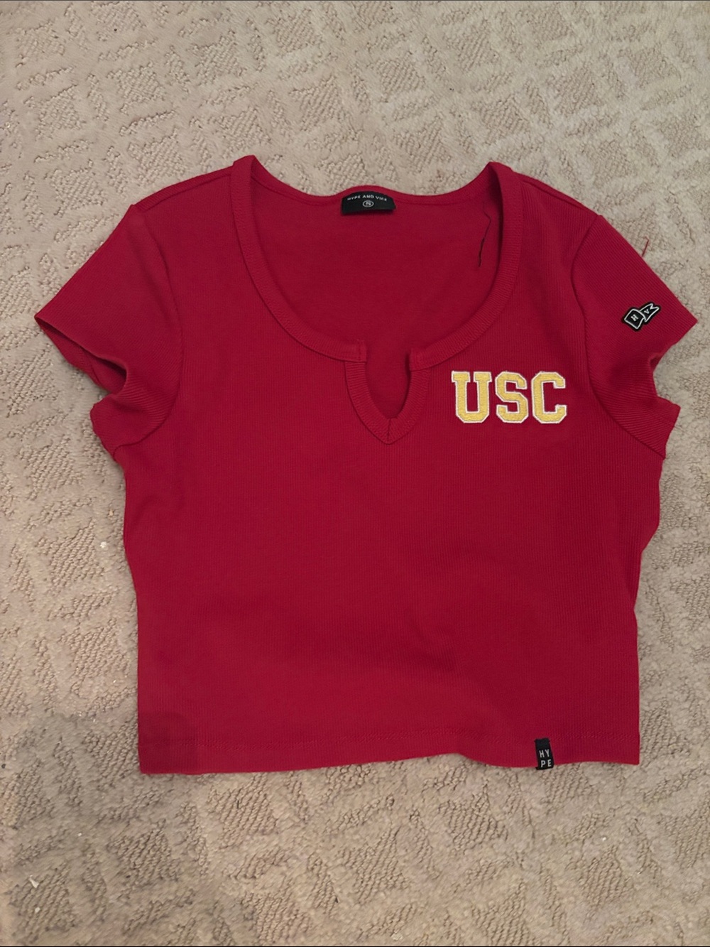 Hype and Vice USC Red Short Sleeve Scoop Neck V notch Tee